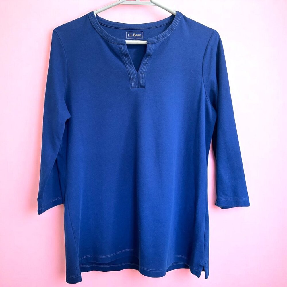 LL Bean royal blue cotton split neck top